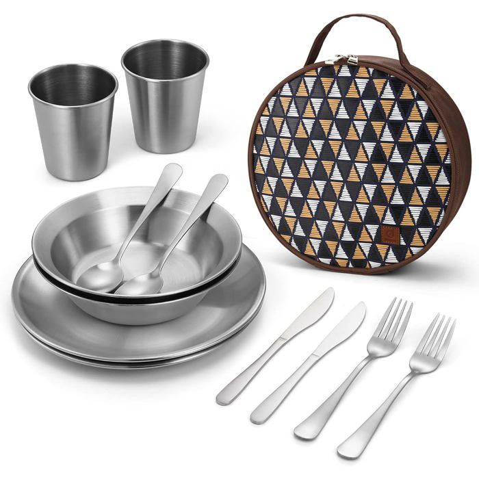 Couverts camping 13 pièces inox - assiette 21.4 cm bol 18.2 cm tasse 350 ml sac de voyage pique-nique randonnée