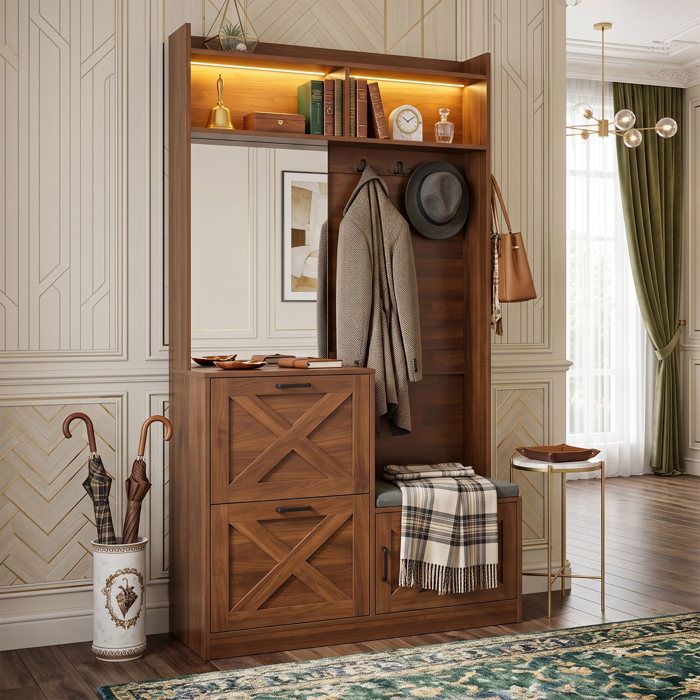 Meuble dEntrée Vestiaire 100x25x180 cm Grand Rangement LED App Miroir  Design soigné Noyer en MDF avec Banquette - Noyer