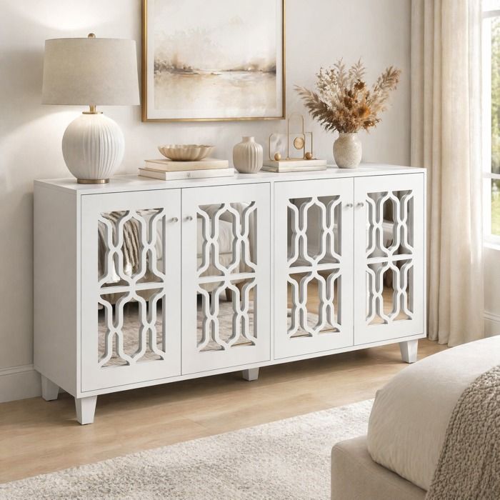Buffet bas 4 portes enfilade blanche 160x40x84 cm avec étagère mobile effet miroir poignées cristal MDF VEVXYN