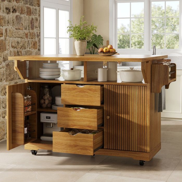 Zitty Desserte de Cuisine à Roulettes Plateau Extensible Îlot Central Mobile avec Tiroirs 142x80x95cm Métal et MDF Marron