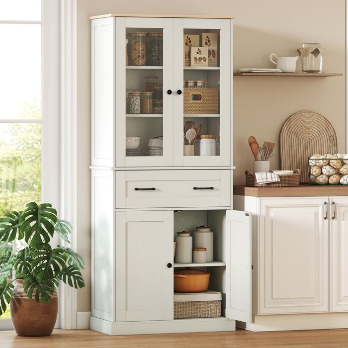 Meuble dappoint de cuisine - 76 x 40 x 1825 cm - Blanc crème - 2 portes acrylique - Grand tiroir