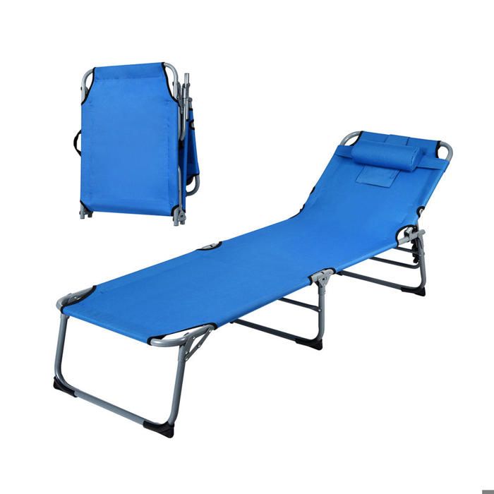 5 Positions Chaise Longue Pliante Transat Bain de Soleil avec Trou Facial Lit de Plage pour Camping Jardin Bleu