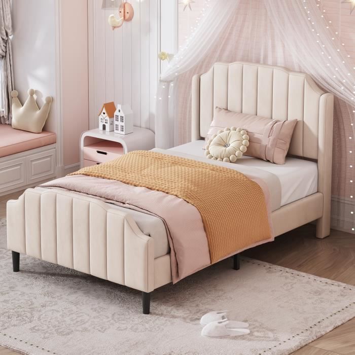 lit capitonné contemporain 90 x 200 cm avec sommier à lattes - tête de lit tapissée en velours - aapaas - beige