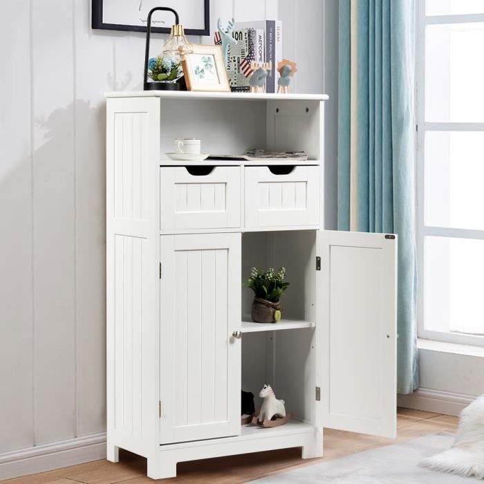 Costway Meuble De Salle De Bain Armoire Rangement De Toilette 60 X 30 X 109 Cm Avec 2 Tiroirs Et 2 Portes Blanche Cdiscount Maison