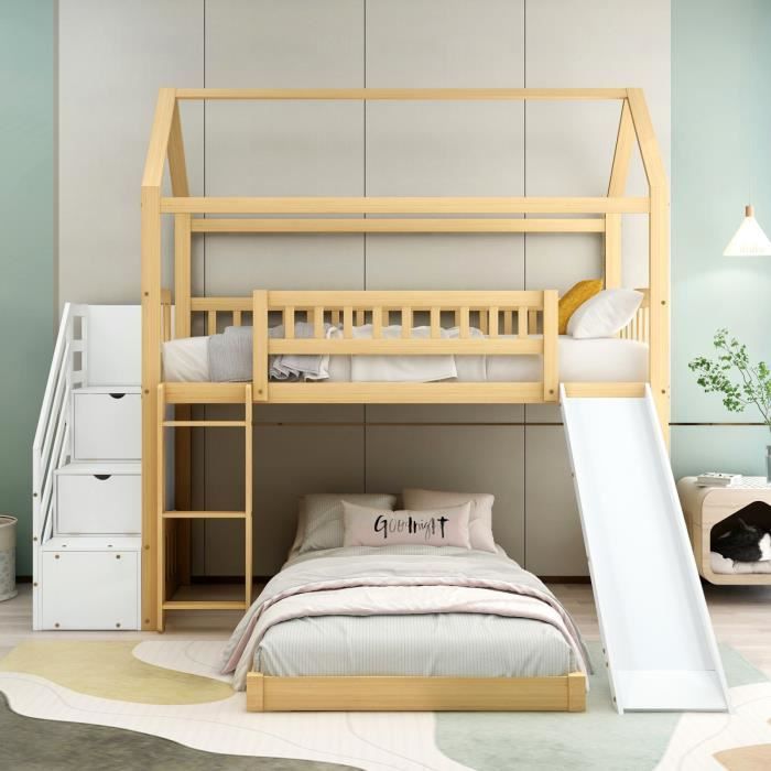 Lit superposé, escalier avec rangement, avec toboggan, lit enfant avec  protection antichute, en bois, blanc naturel (90x200cm) - Cdiscount Maison