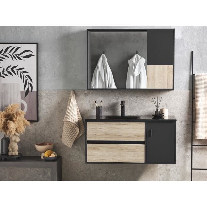 meuble vasque integree avec miroir et cabinet 100 cm bois clair et noir teruel