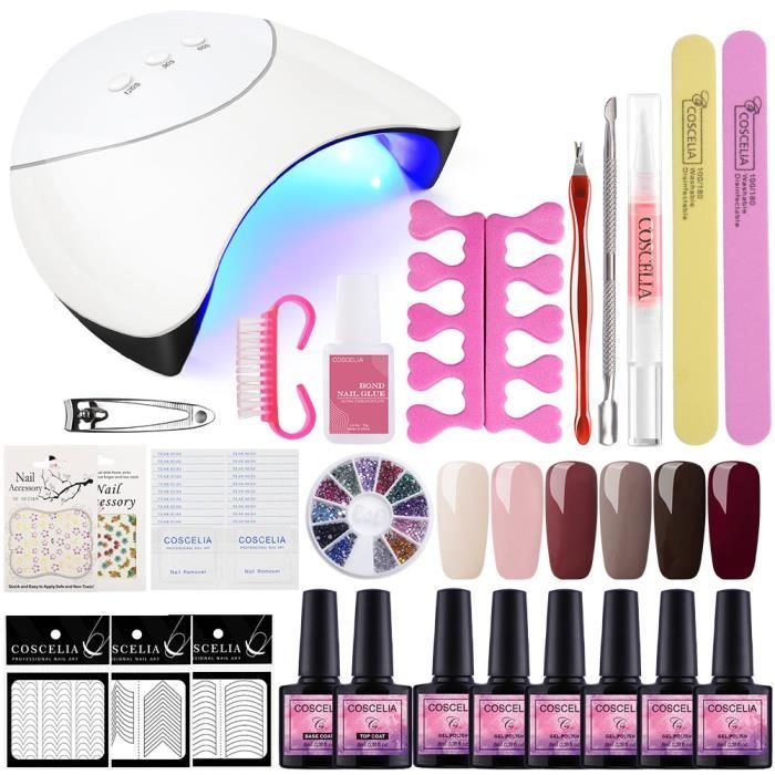 Coscelia Kit 6 Manucure Couleurs Vernis Semi Permanent 36w Usb Lampe Uvled Sèche Vernis A Ongle Base Coat Brosse Nail Outils