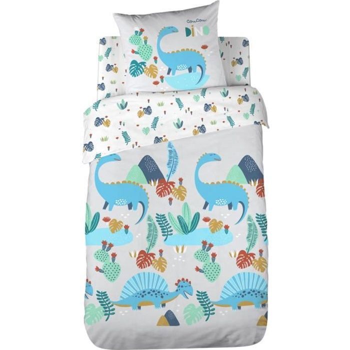 Parure de lit - COTE DECO KIDS - Dinosaure - 100% coton BIO - Housse 140x200 cm - Taie 63x63 cm