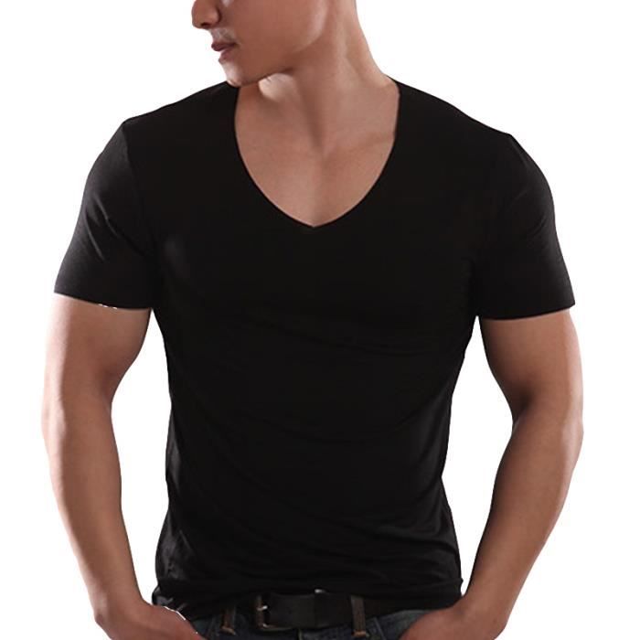 T-Shirt Femme Manches 3/4 Col V - Coton Élastique, Coupe Ajustée, Haut Décontracté 2024