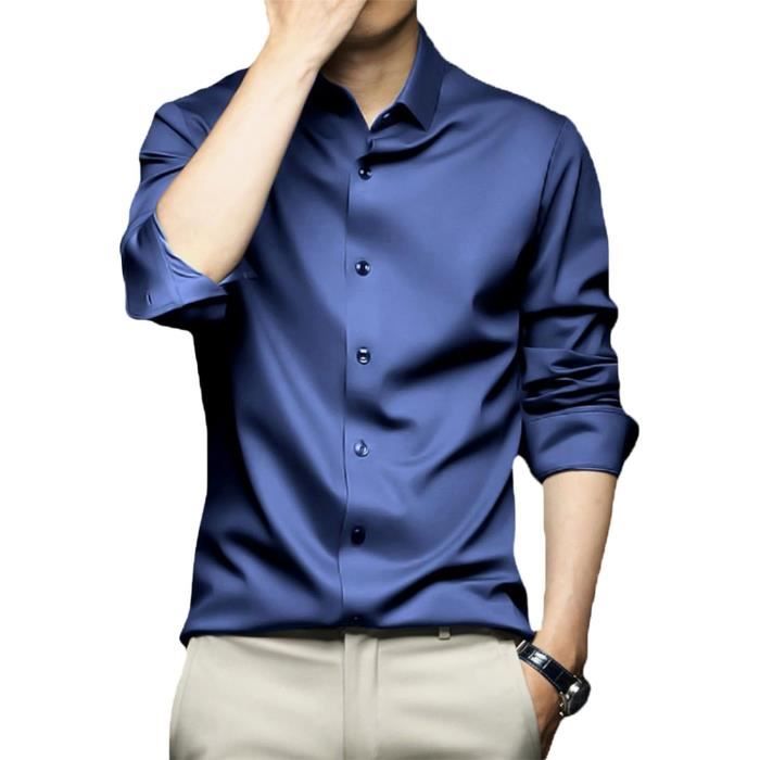 CHEMISE CHEMISETTE Chemise Extensible Infroissable a Manches Longues Boutonnee pour Homme Chemise a Bleu fonce Bleu fonce Cdiscount Pret a Porter