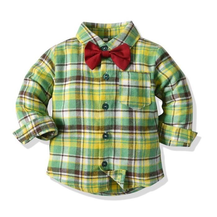 Domee Costume Bébé Garçon 4 Pièces – Chemise + Pantalon + Bretelles + Nœud Papillon Carreaux Vert Foncé, Tenue Cérémonie Mariage Baptême Élégante 4-5 Ans