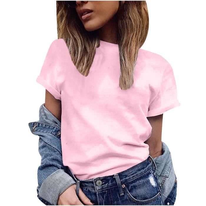 T-Shirt Mode Casual Femmes Manches Courtes Solide O-Neck Tops Dames Tee Rose