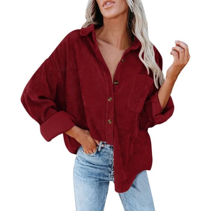 Chemise surdimensionnee en velours cotele boutonne a manches longues et poches pour femme Rouge Femme Rouge Cdiscount Pret a Porter