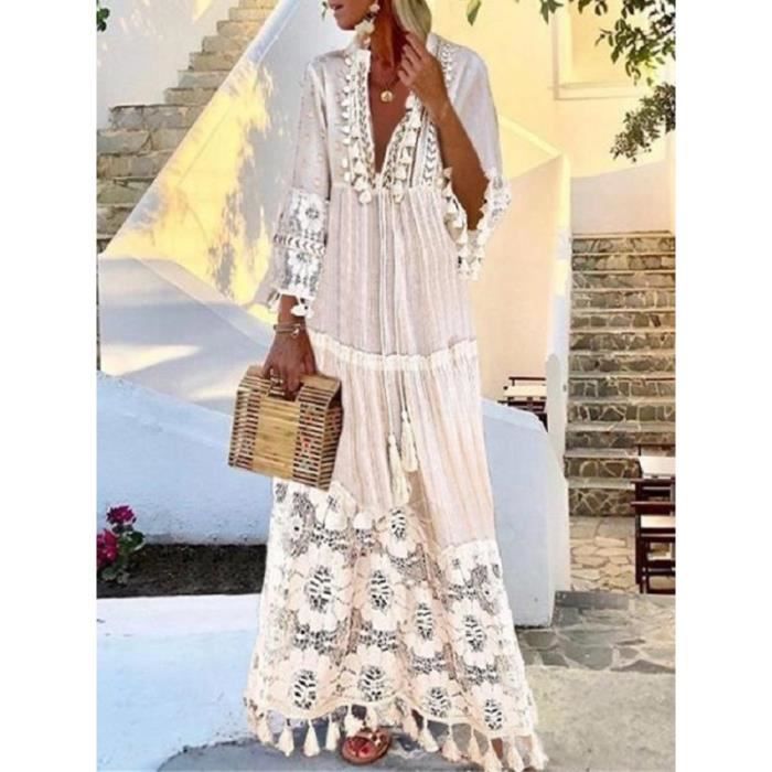Grande taille boh?�me casual chic avec robe maxi frang?�e en dentelle col V Blanc - Cdiscount Pr??t 