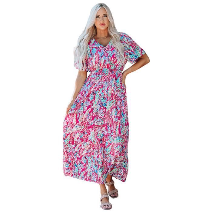 Robe Col V Femme Manches Courtes, Robe Mi-Longue Femme Grande Taille-Robe De Plage Femme Avec Poches Ete Basic Tendance Couleur Pure Dress DéContractéE Taille Haute Mode Chic Et Elegant Robes