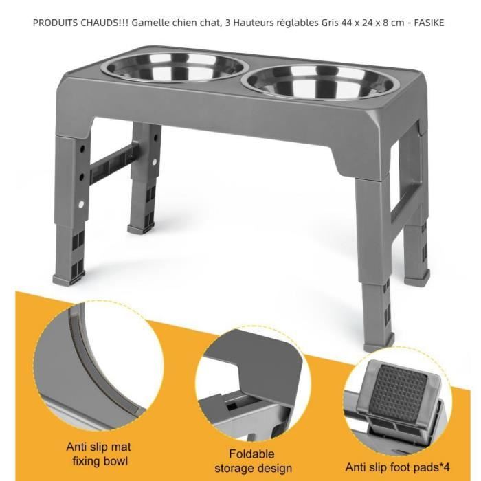 Meilleurs prix pour Gamelle Surélevée 3 Hauteurs réglables Gris 44 x 24 x 8 cm - QUIIENCLEE - Chien - Rectangulaire - Intérieur