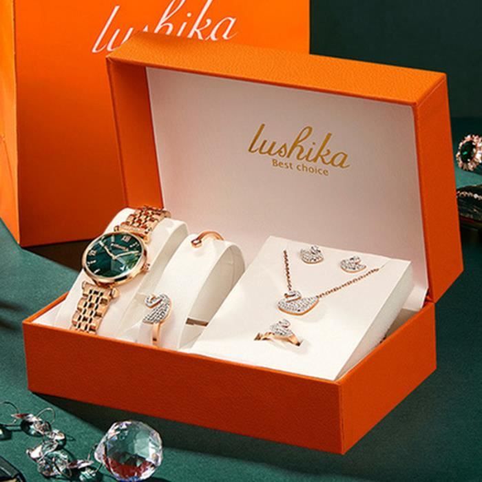 Coffret montre femme + bracelet diamant + anneau + des boucles d'oreilles + collier – cygne de luxe de marque vert