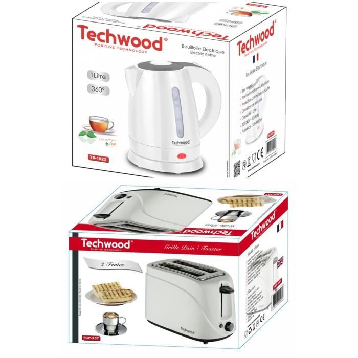 Pack dejeuner - TECHWOOD - Bouilloire électrique Blanche 1L 1600W + Grille-pain Blanc 2 Fentes 700W