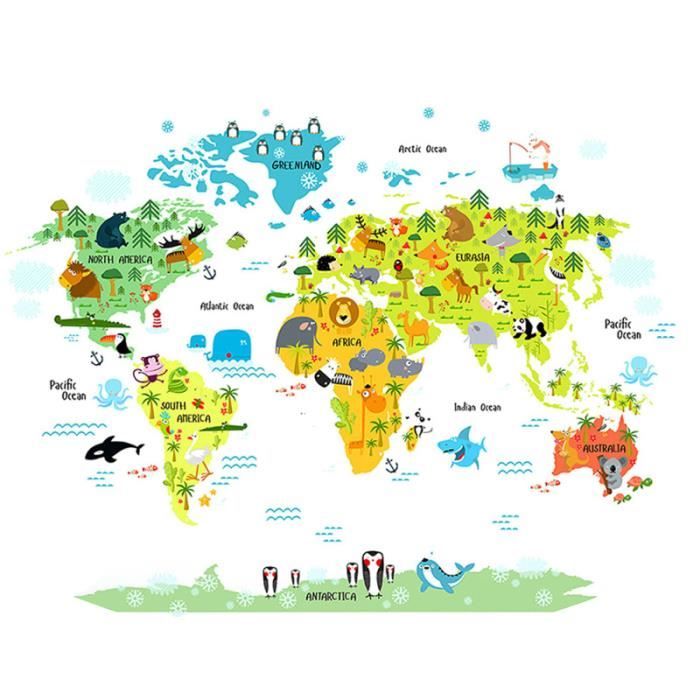 1 Pc Stickers Muraux Etanche Amovible Dessin Anime Animaux Carte Du Monde Decoration Murale Pour Chambre D Enfants Cdiscount Bricolage
