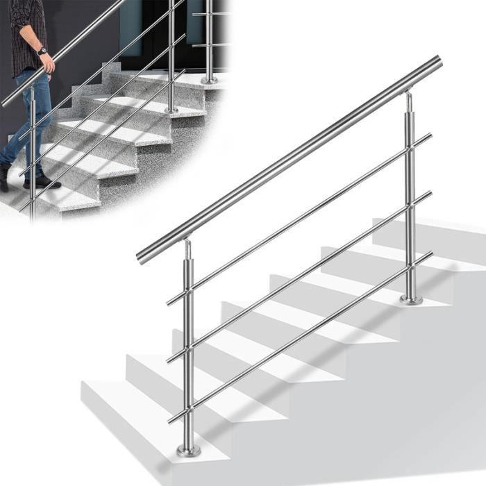 YUENFONG Rampe d'escalier en acier inoxydable pour escaliers, balcon, intérieur et extérieur, argent (160 cm, avec 3 traverses)