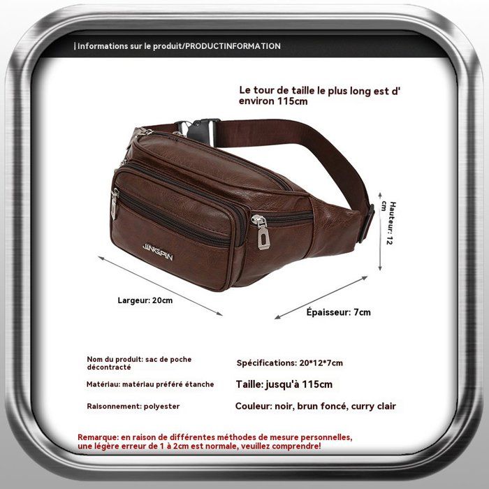 Sac Banane En Cuir Véritable Marron – 7 Fermetures, 6 Pochettes, Parfait Pour Festivals Et Voyages