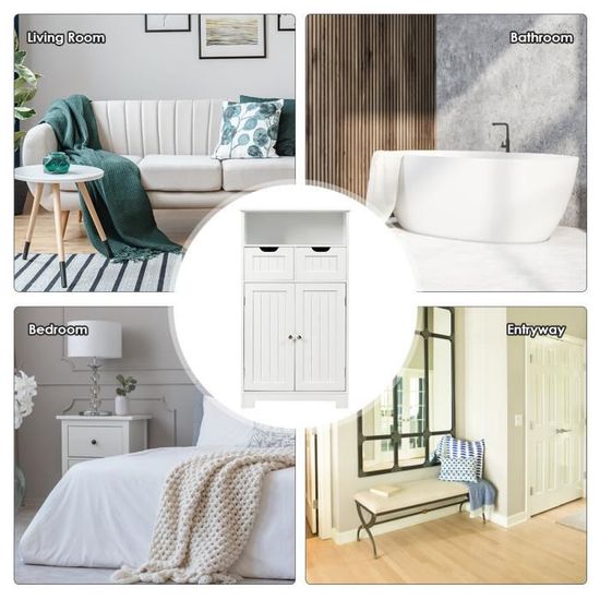 Meuble Rangement Salle De Bain COSTWAY - Armoire 2 Portes, 2 Tiroirs, Étagère Réglable, Pieds Métal, Dimensions 60x30x113 Cm (Blanc)