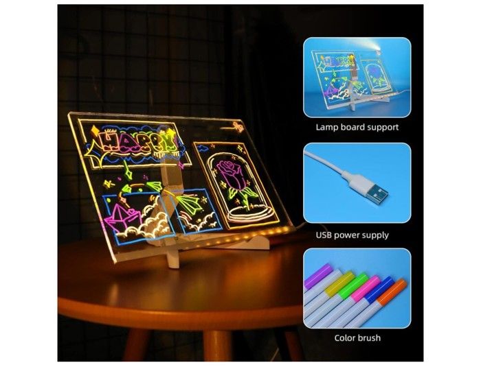 Tableau LED Lumineux Wondiko – 7 Couleurs, 4 Modes – Avec 12 Stylos Fluorescent – Écriture Créative