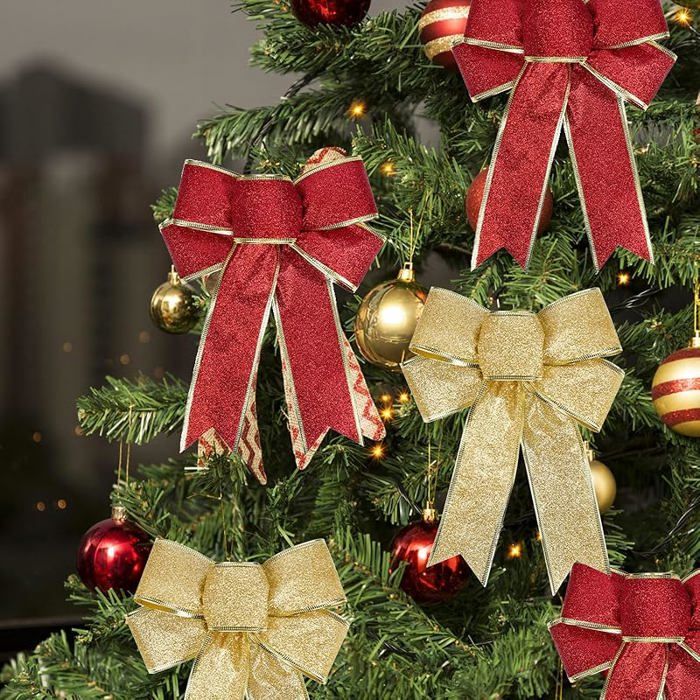 10 Gros Nœuds Rouge Et Or Pour Décoration Noël - 18x23 Cm | Sapin, Couronne, Porte, Escalier
