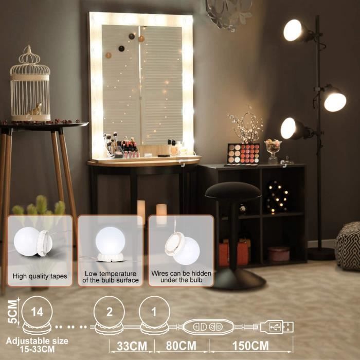 Gesentur Lumière de Miroir LED Dimmable - 14 Ampoules Hollywood - Blanc -  Pour Miroir Cosmétique Salle de Bain - Cdiscount Maison