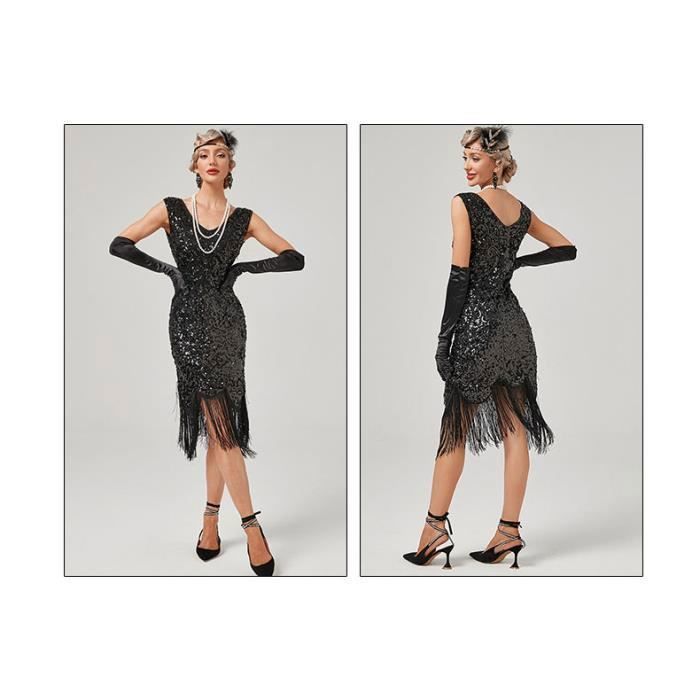 Robe Deguisement Femme Annee 20 Charleston Vintage Retro Franges Paillettes Col V Robe Soiree Bal Cocktail Ceremonie XS 3XL Noir