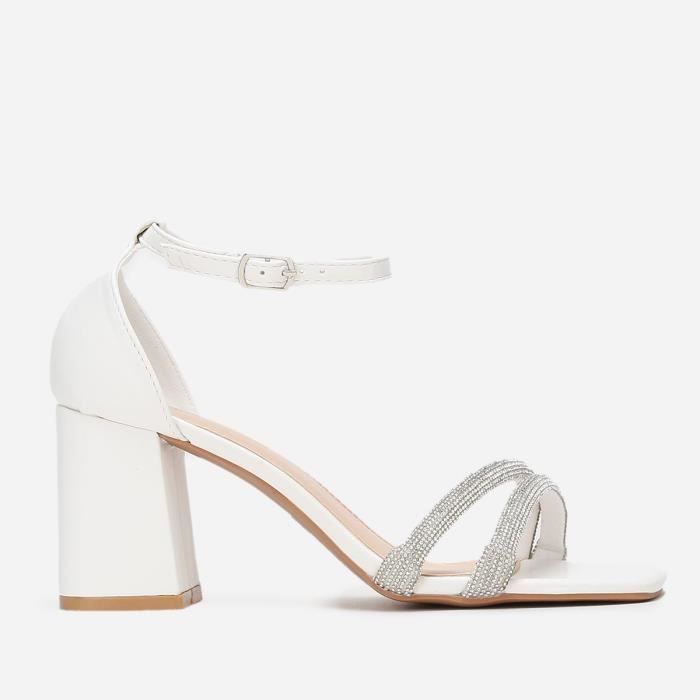 Sandales blanches bout carr et brides strass Blanc Cdiscount
