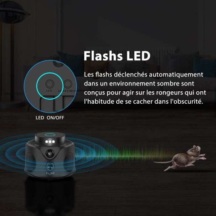 Répulsif Ultrasons Souris Et Rats - Portée 360m², 4 Modes, LED, Pour Intérieur (garage, Cave, Grenier)
