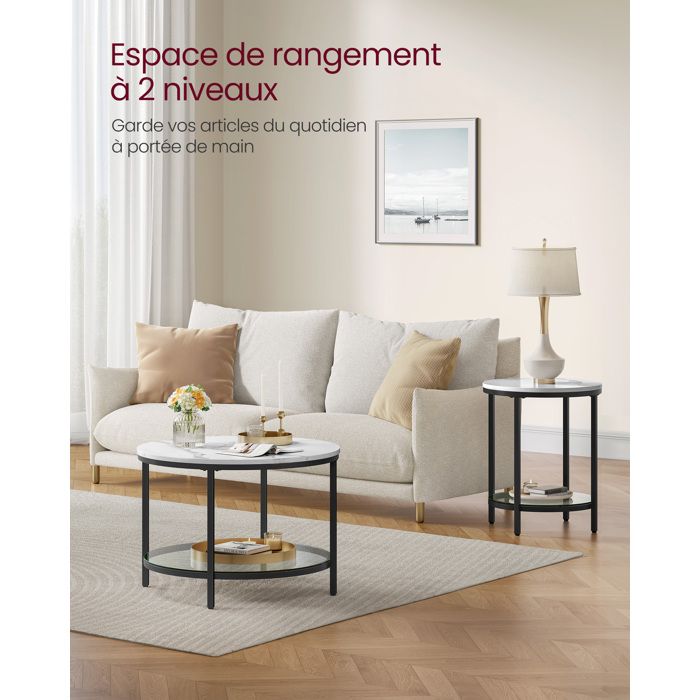 Table Basse VASAGLE Style Moderne Marbre Blanc Et Doré - Verre Trempé, Rangement Élégant LCT072W59