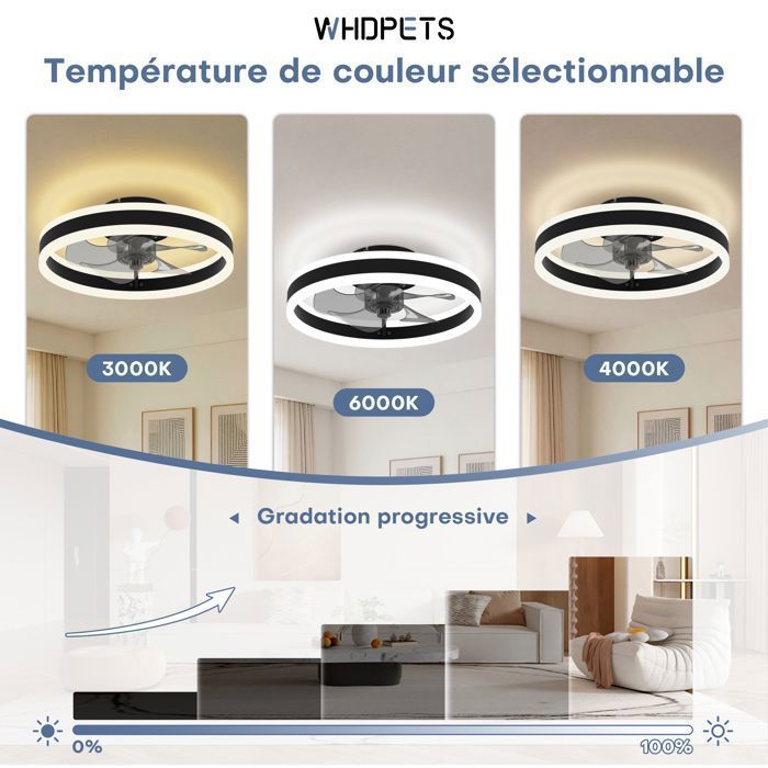 Ventilateur Plafond Avec Lumière 50cm Télécommande - 6 Vitesses Dimmable 3000K-6500K Réversible Noir