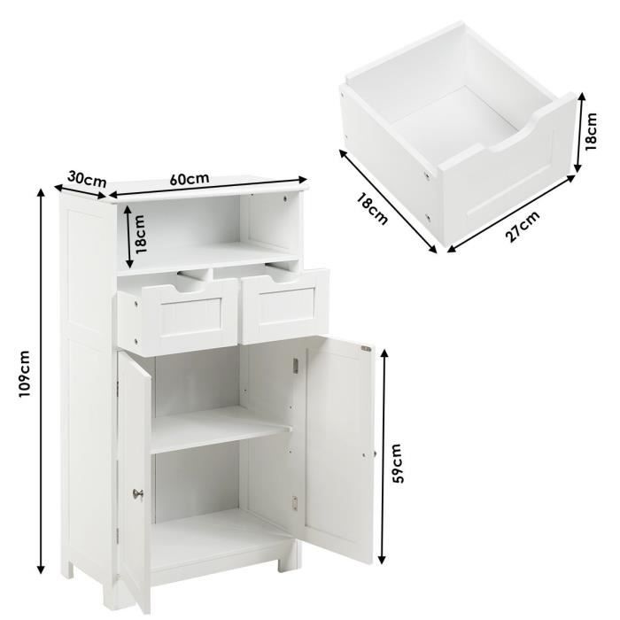 Meuble Salle De Bain 4 Portes + 2 Tiroirs - Blanc - 128 Cm Haut - Rangement Étagères Réglables - COSTWAY