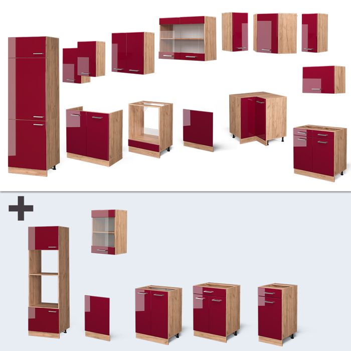 Cuisine équipée Vicco R-Line Angle 287x277 Cm - Chêne Rouge Bordeaux - Brillant