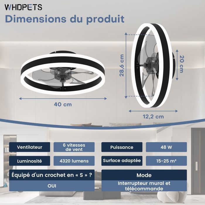 Ventilateur Plafond Avec Lumière LED - Diamètre 132 Cm, 6 Vitesses, Réversible, Télécommande, Minuterie, Installation Facile