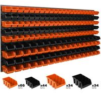 Lot de 178 boîtes XS et S bacs a bec orange et noir pour système de rangement 177 x 78 cm au garage