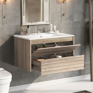 MEUBLE VASQUE - PLAN Meuble de salle de bain, meuble sous-vasque bas, vasque en céramique inclus, avec tiroirs,design moderne,naturel et blanc