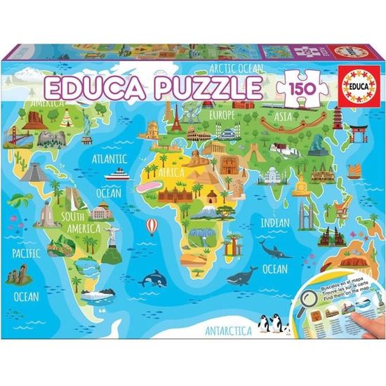Puzzle Mappemonde Monuments - EDUCA - 150 pièces - Thème Architecture - Pour Enfant de 6 ans et plus