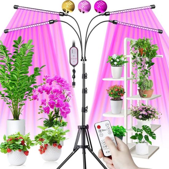 Lampe De Croissance Plantes 128 LEDs - Spectre Complet, 4 Têtes Réglables, Minuterie 3/9/12H