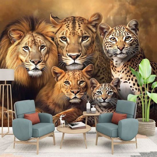 Papier Peint Panoramique Rétro Mur Briques Lion,150×105cm 3D