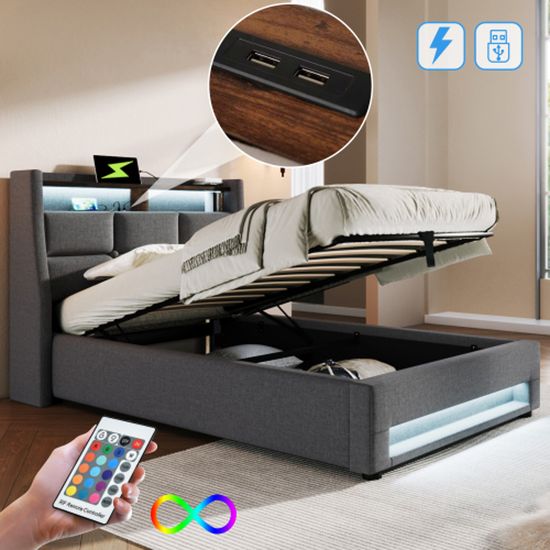 Lit Coffre 90x200 Avec LED Et USB Type-C - Velours Beige, Tête De Lit Rembourrée, Sans Matelas