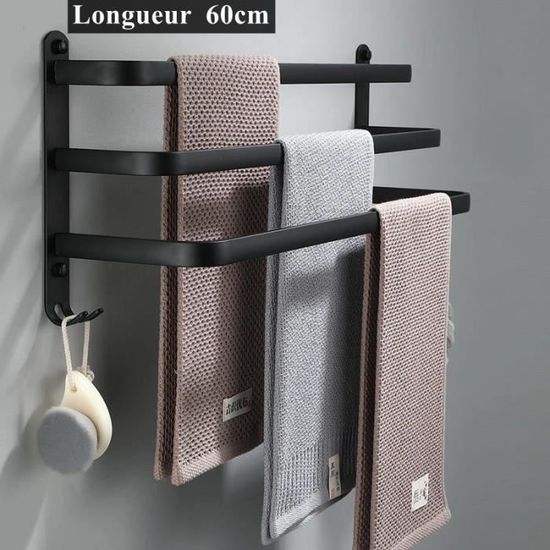 Porte-serviettes Mural Noir 75 Cm - 3 Barres - Jusqu'à 6 Grandes Serviettes - Organisation Salle De Bain Style Spa