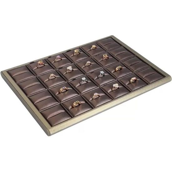 Plateau Présentoir Bijoux En Bois - 6 Fentes Pour Bagues Et Boucles D'oreilles, Cuir PU, Design Rond