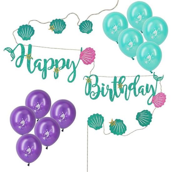 Bannière Anniversaire Sirène - Décoration Thème Océan - Pour Fête Fille, Enfant - Happy Birthday Et Motifs Marins