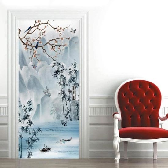 Autocollant Mural Effet 3D Lac Paisible - Décoration De Porte Amovible PVC 95x215 Cm, Style Zen Chinois - 8