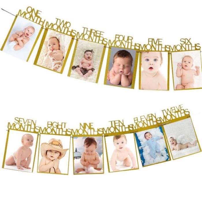 Bannière Photo Bébé Anniversaire 1 An - 13 Cartes Pour Souvenirs 0-12 Mois - Décoration Fête Garçon Fille (Brun)