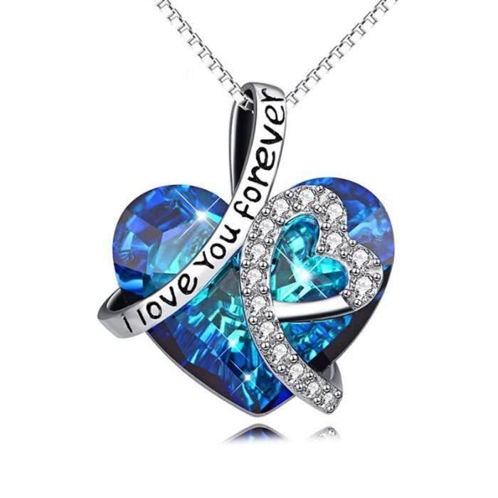 Collier Pendentif Coeur Love Cristal Swarovski* Bleu Argent Fin 925