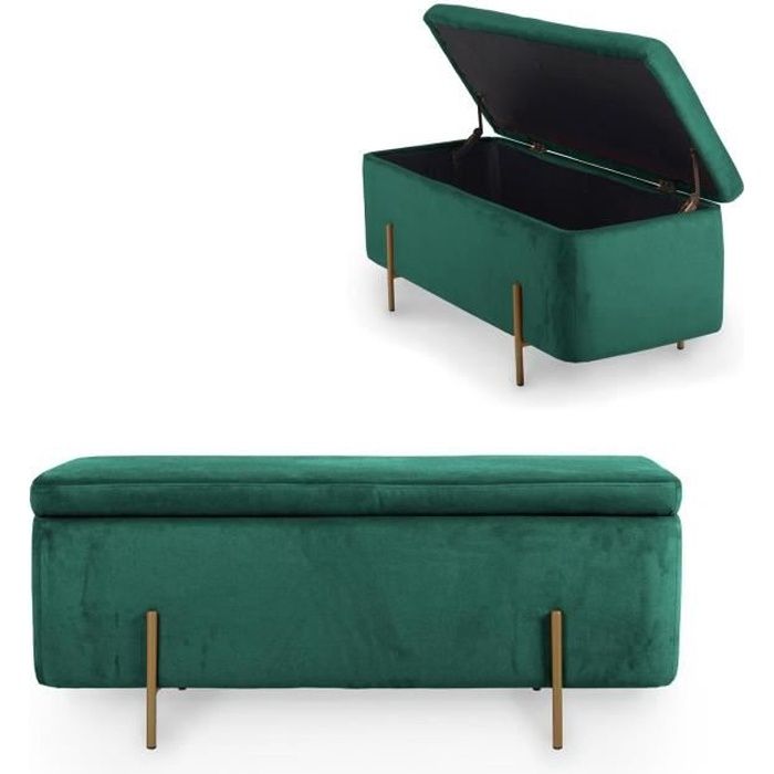 HAYDEN II - Banquette coffre de rangement en velours vert et pieds dorés